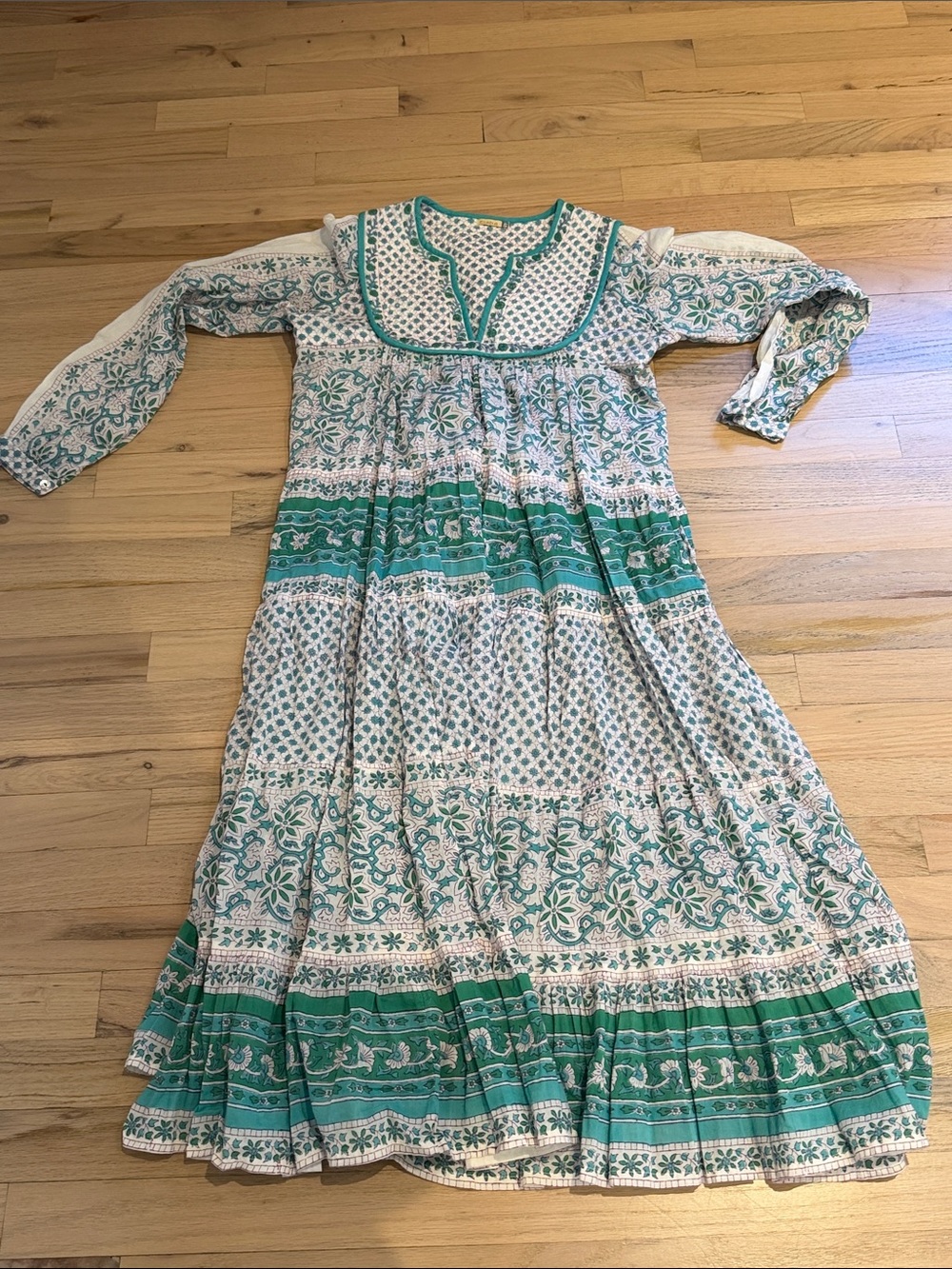 Matta White and Teal Printed Long Sleeve Maxi Dress